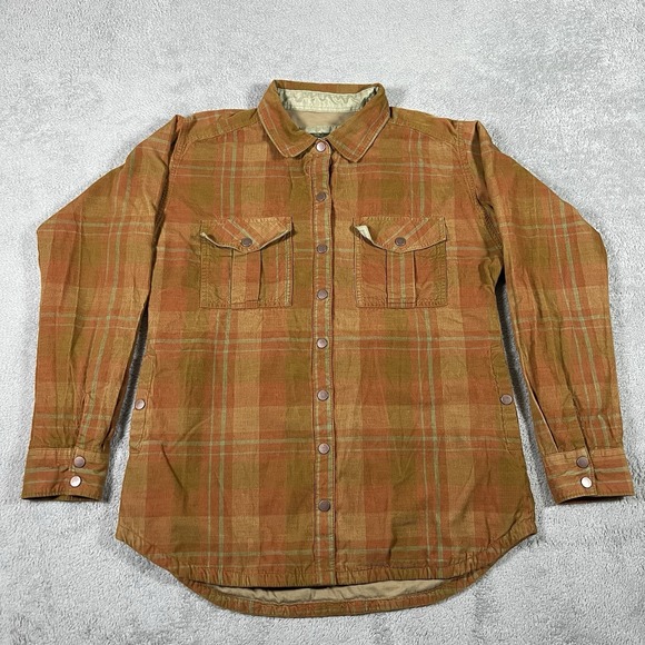 Prana Shirt Womens Large Brown Corduroy Jacket Shacket Pockets Lined Snap - Picture 1 of 12